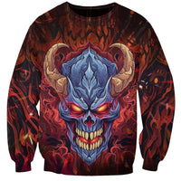 Unisex crewneck sweatshirt with blue flame skull graphic, long sleeves