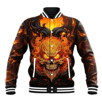 Baseball jacket with fiery skull front print, black and orange, snap buttons and collar