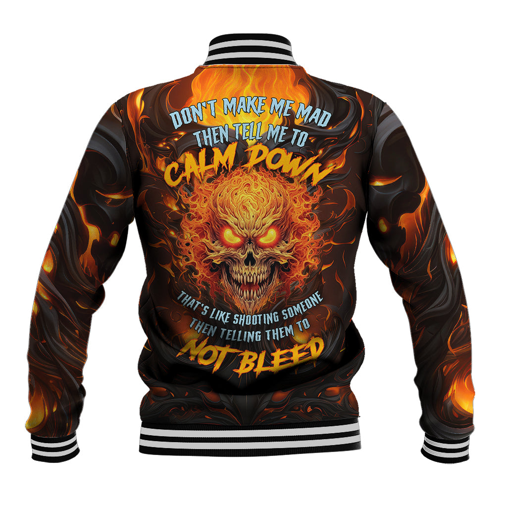 Baseball jacket with flaming skull graphic, black and orange, striped ribbed collar