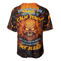 Multicolor baseball jersey with flaming skull graphic and bold text on front