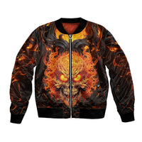 Unisex bomber jacket, black with orange flame skull graphic, front zip and stand collar