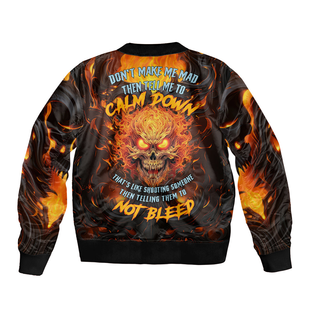 Unisex bomber jacket, black with orange flame skull graphic on back, ribbed cuffs
