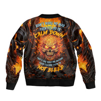 Unisex bomber jacket, black with orange flame skull graphic on back, ribbed cuffs