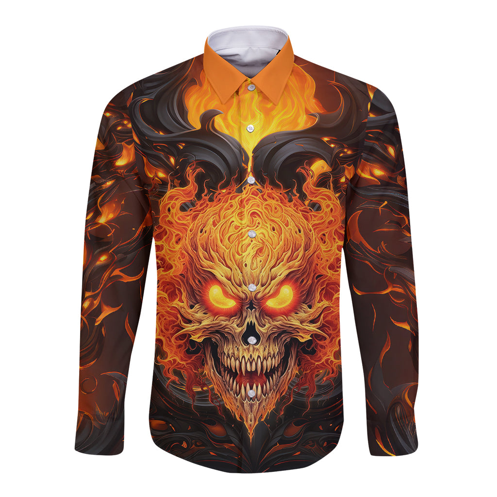 Long-sleeve button shirt with flame skull graphic, orange collar and multicolor print