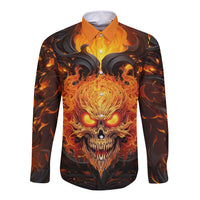 Long-sleeve button shirt with flame skull graphic, orange collar and multicolor print