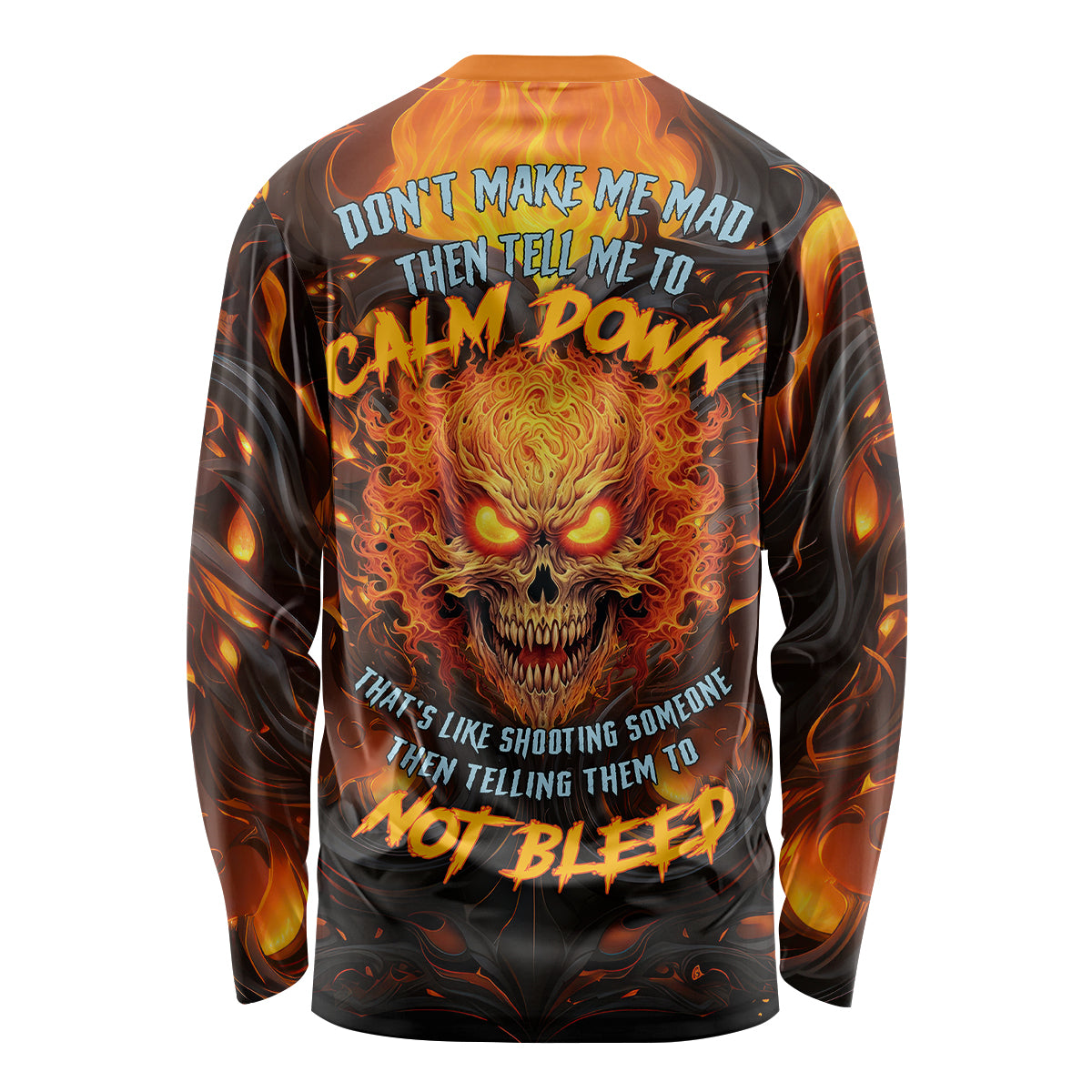 Long sleeve back shirt with flaming skull graphic and slogan text, multicolor