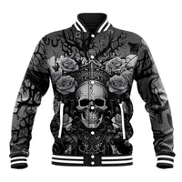 Unisex dark gray graphic baseball jacket, snap-button front; skull and rose front artwork