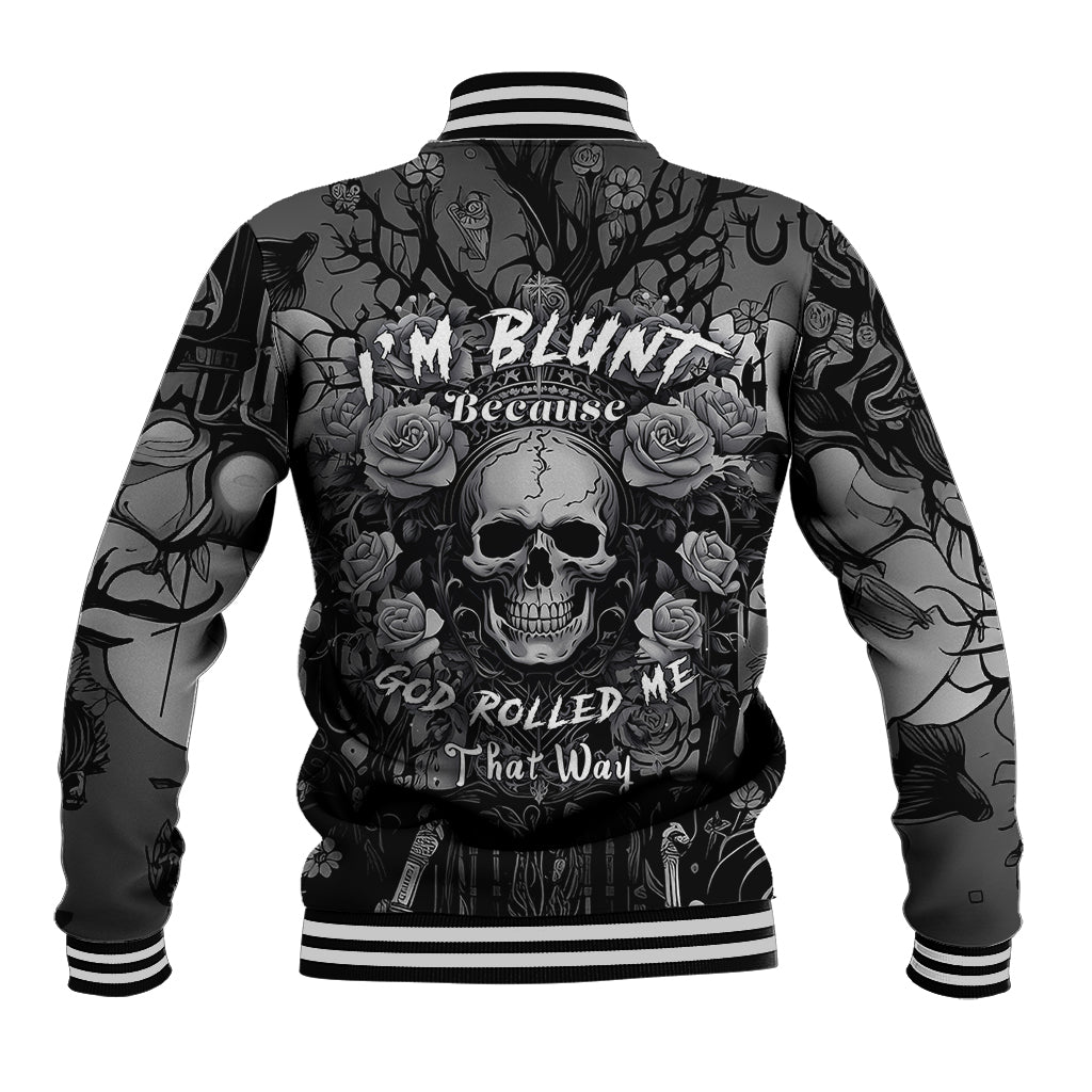 Unisex dark gray graphic baseball jacket, striped ribbed collar; skull and rose back print