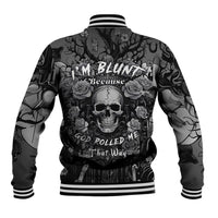 Unisex dark gray graphic baseball jacket, striped ribbed collar; skull and rose back print