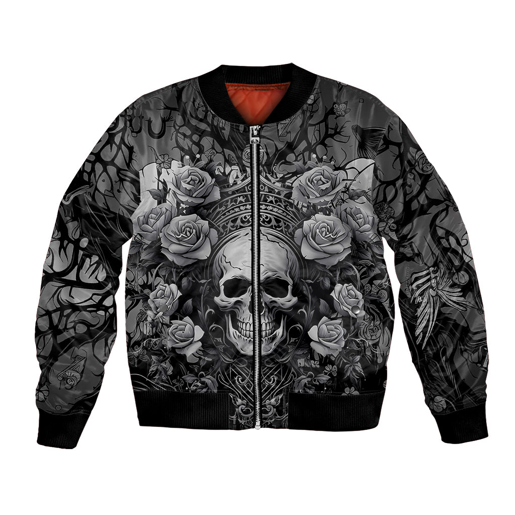 Gray bomber jacket with front zipper, ribbed cuffs, skull and roses graphic, red lining