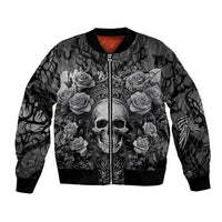 Gray bomber jacket with front zipper, ribbed cuffs, skull and roses graphic, red lining