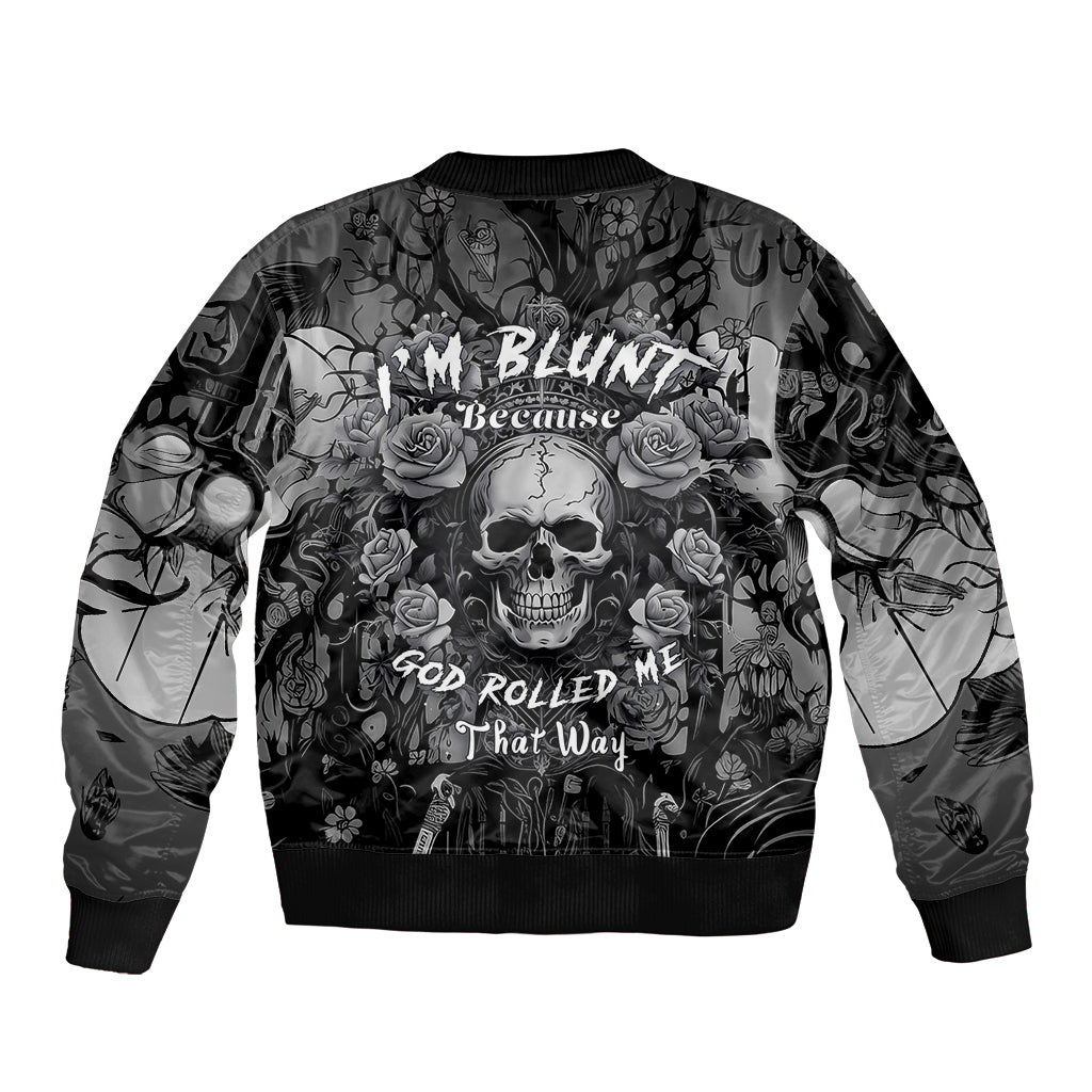 Gray bomber jacket with ribbed collar, back skull and roses graphic, long sleeves
