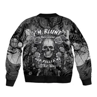 Gray bomber jacket with ribbed collar, back skull and roses graphic, long sleeves