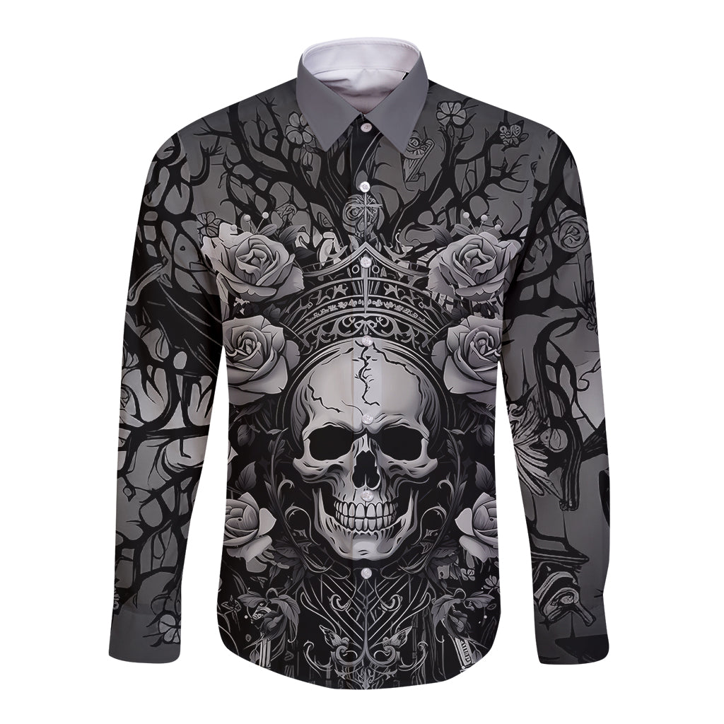 Gray long-sleeve button shirt, front skull-and-roses print with ornate frame