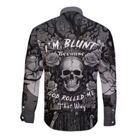 Gray long-sleeve button shirt with skull graphic and rose pattern, unisex fit