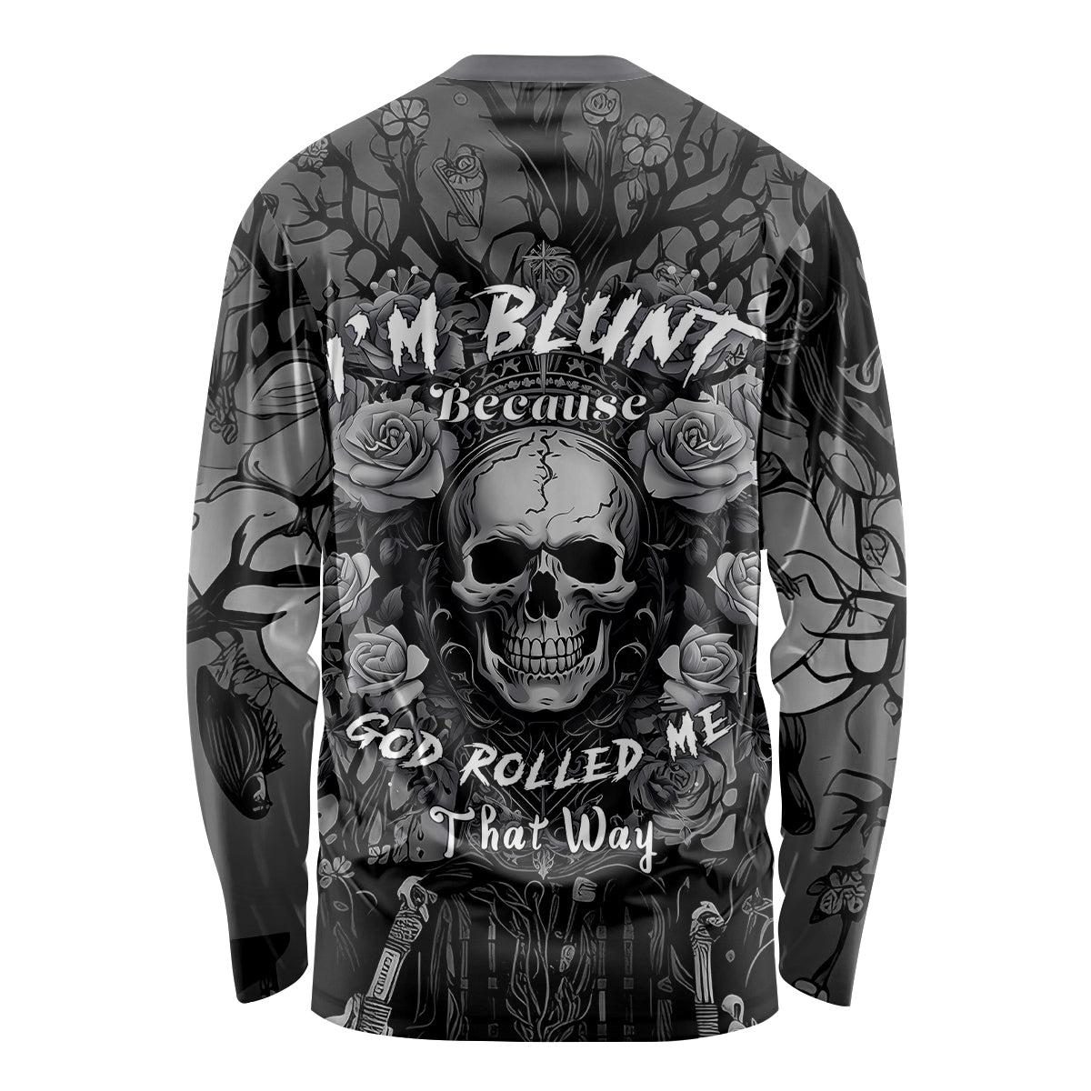 Gray long-sleeve shirt with black skull and roses front graphic, crew neck