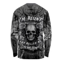 Gray long-sleeve shirt with black skull and roses front graphic, crew neck