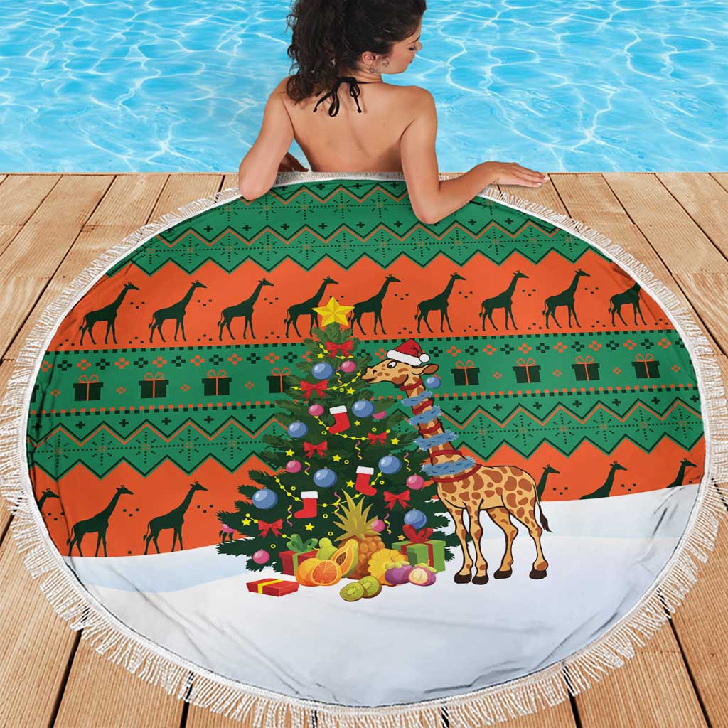 Giraffes Decorating Tree Gifts Beach Blanket with Orange Green Holiday Pattern Design - Wonder Print Shop
