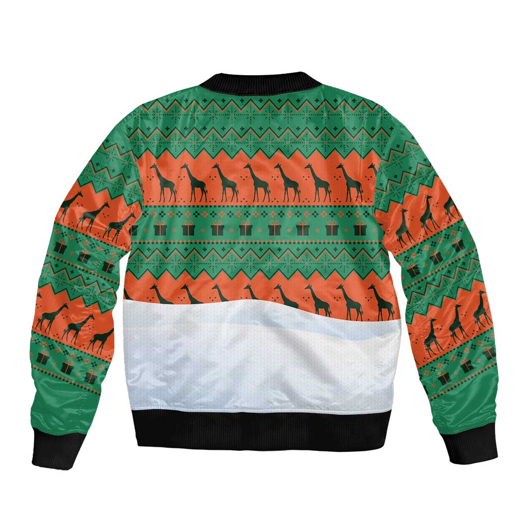 Giraffes Decorating Tree Gifts Bomber Jacket with Orange Green Holiday Pattern Design - Wonder Print Shop