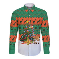 Giraffes Decorating Tree Gifts Long Sleeve Button Shirt with Orange Green Holiday Pattern Design - Wonder Print Shop