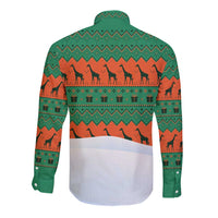 Giraffes Decorating Tree Gifts Long Sleeve Button Shirt with Orange Green Holiday Pattern Design - Wonder Print Shop
