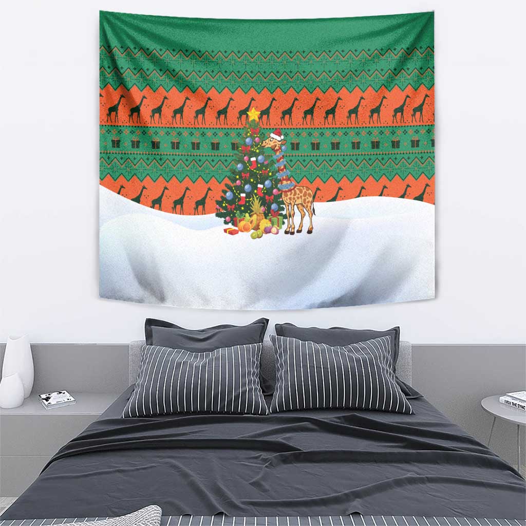 Giraffes Decorating Tree Gifts Tapestry with Orange Green Holiday Pattern Design - Wonder Print Shop