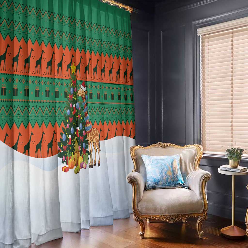 Giraffes Decorating Tree Gifts Window Curtain with Orange Green Holiday Pattern Design - Wonder Print Shop