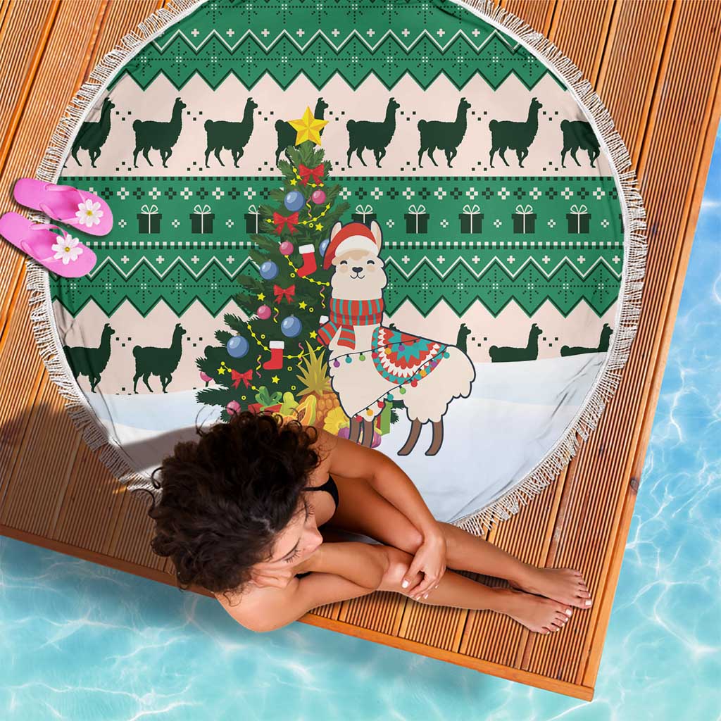 Llama Decorating Tree in Santa Hat Beach Blanket with Green Gift Pattern Design - Wonder Print Shop