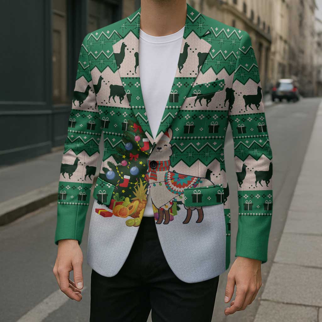 Llama Decorating Tree in Santa Hat Blazer with Green Gift Pattern Design - Wonder Print Shop