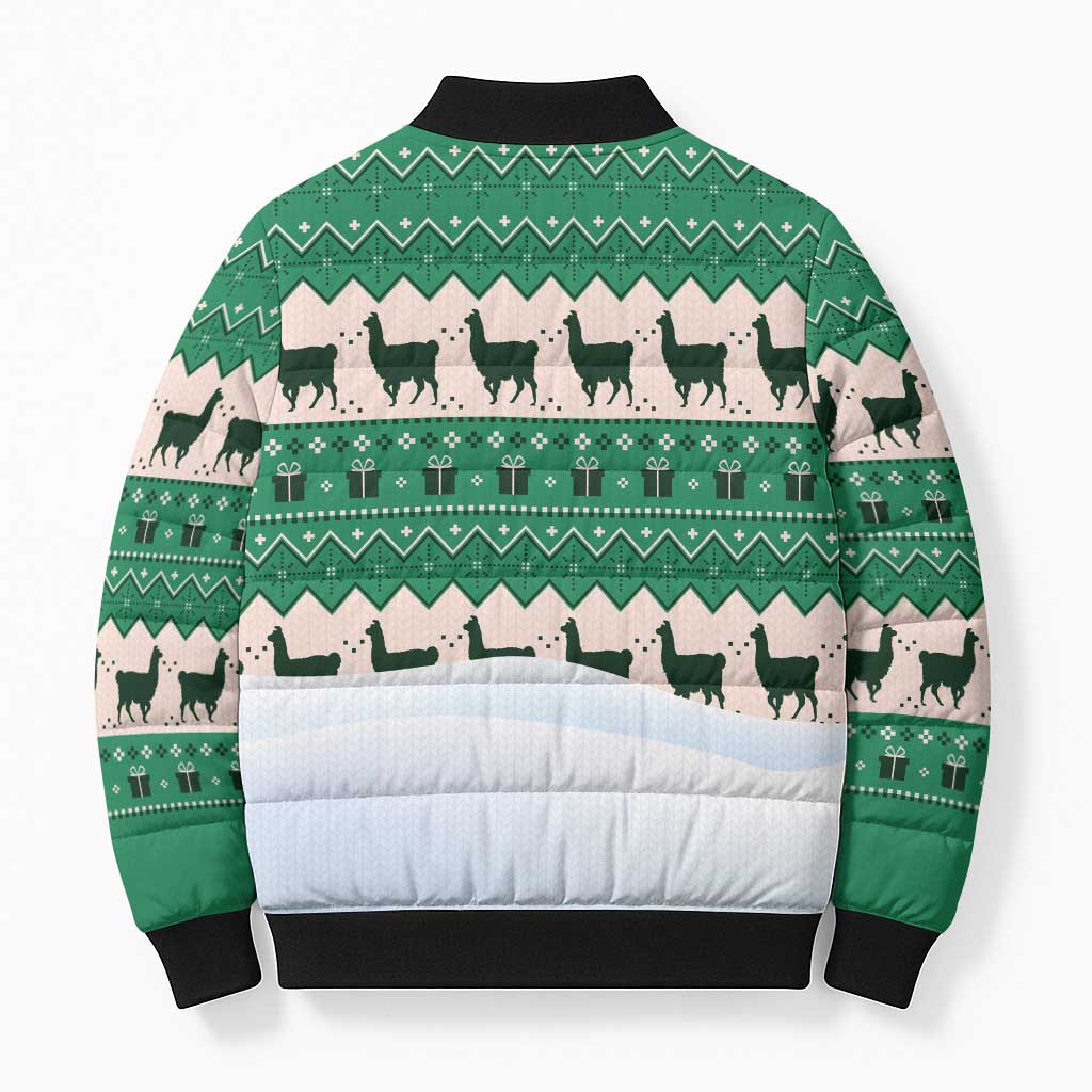 Llama Decorating Tree in Santa Hat Bomber Puffer Jacket with Green Gift Pattern Design - Wonder Print Shop
