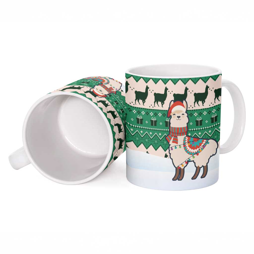 Llama Decorating Tree in Santa Hat Ceramic Mug with Green Gift Pattern Design - Wonder Print Shop