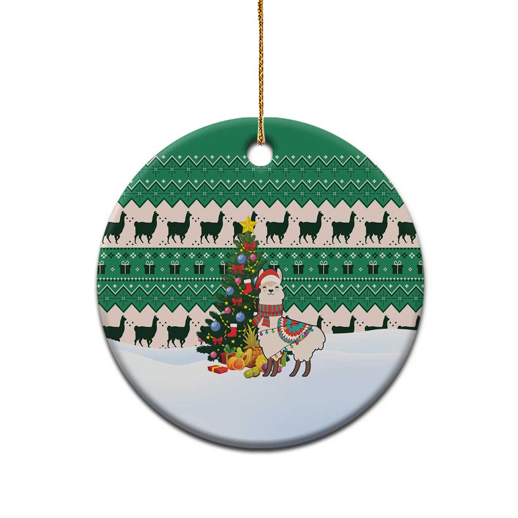 Llama Decorating Tree in Santa Hat Ceramic Ornament with Green Gift Pattern Design - Wonder Print Shop