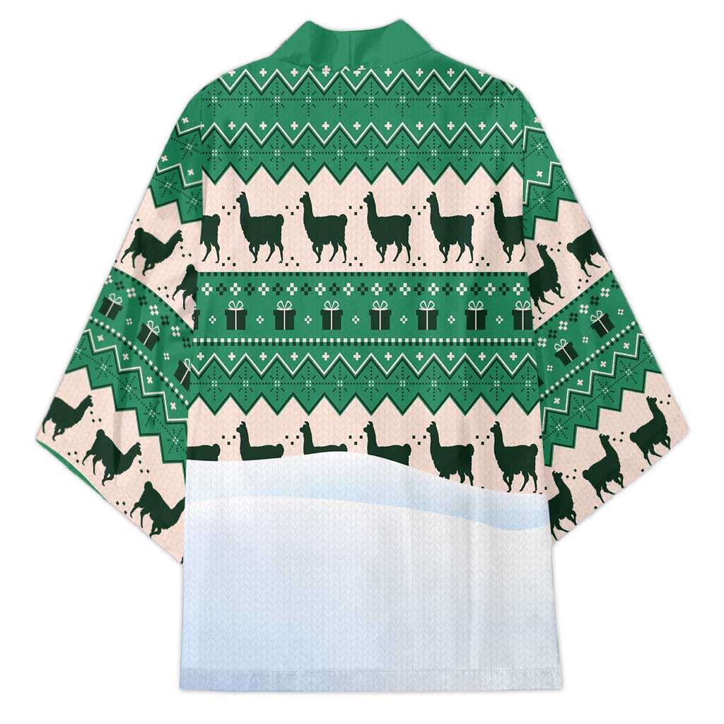 Llama Decorating Tree in Santa Hat Kimono with Green Gift Pattern Design - Wonder Print Shop