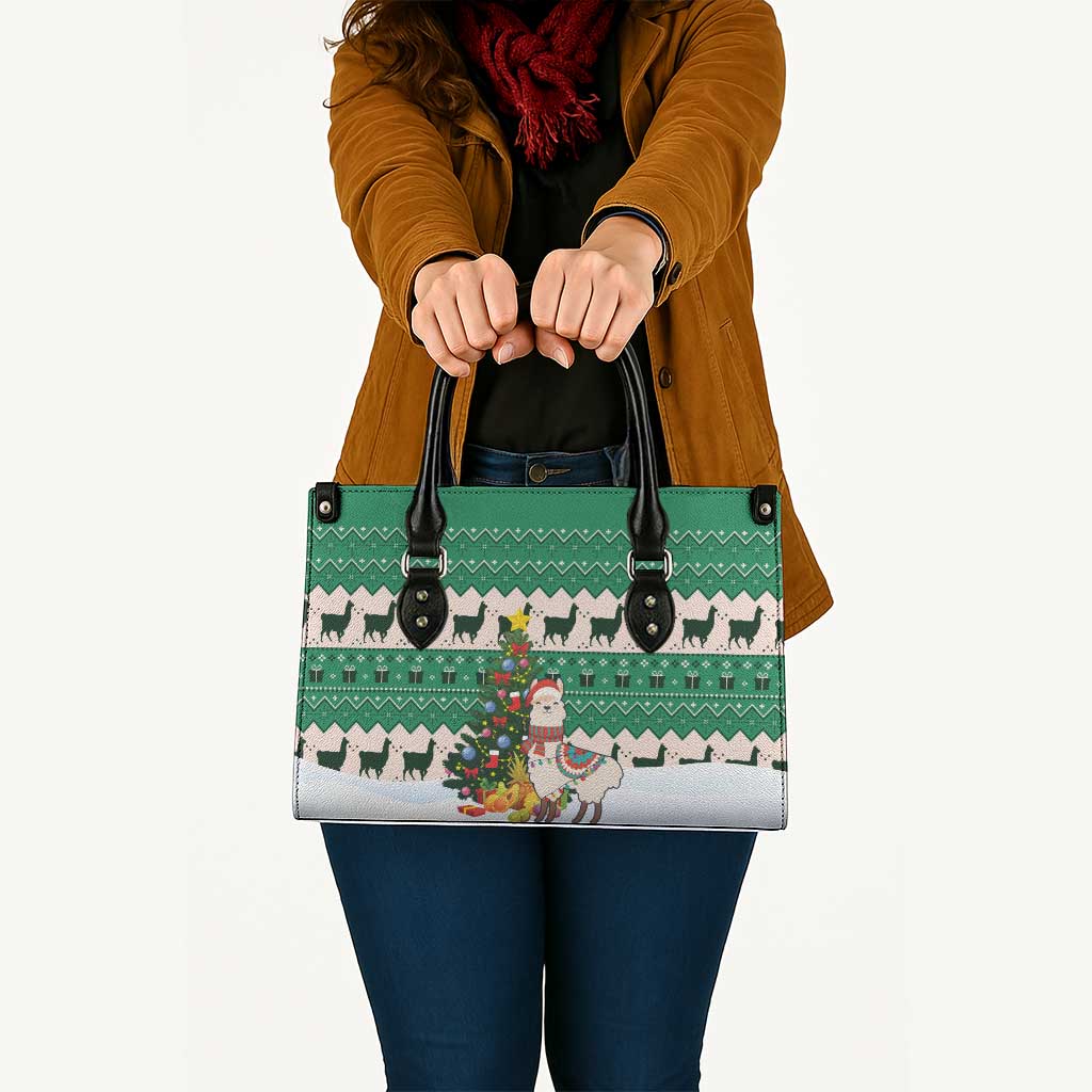 Llama Decorating Tree in Santa Hat Leather Bag with Green Gift Pattern Design - Wonder Print Shop