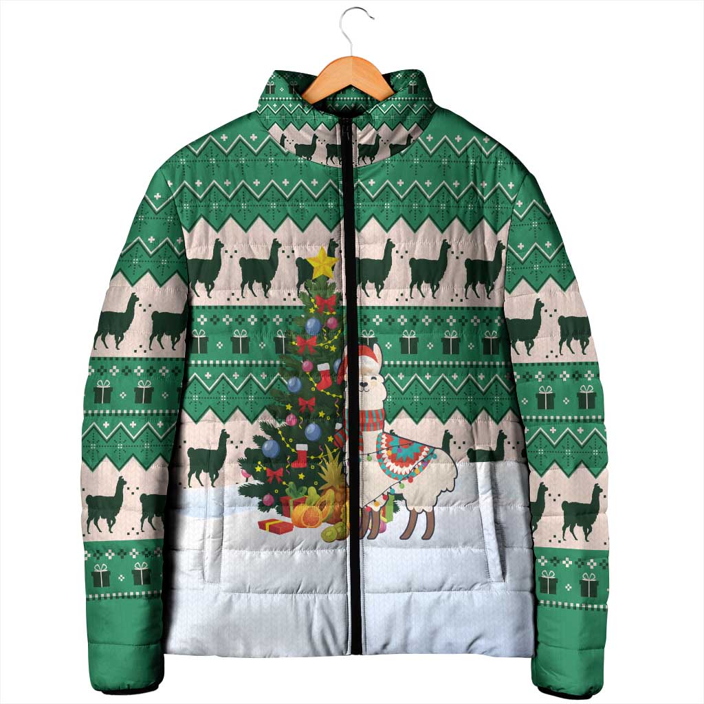 Llama Decorating Tree in Santa Hat Padded Jacket with Green Gift Pattern Design - Wonder Print Shop