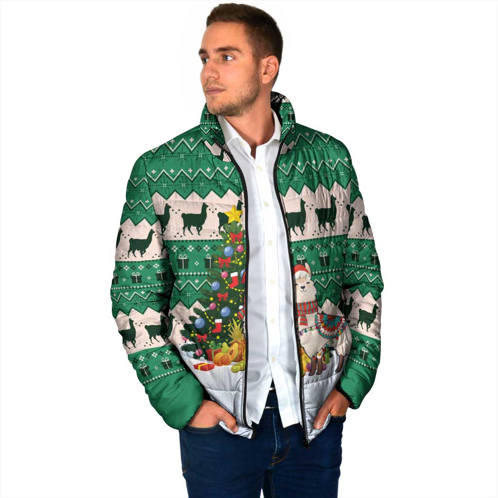 Llama Decorating Tree in Santa Hat Padded Jacket with Green Gift Pattern Design - Wonder Print Shop