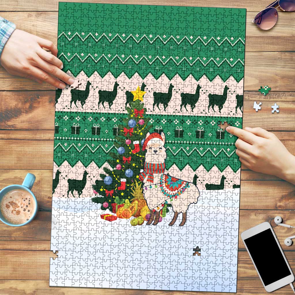 Llama Decorating Tree in Santa Hat Puzzle with Green Gift Pattern Design - Wonder Print Shop