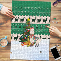 Llama Decorating Tree in Santa Hat Puzzle with Green Gift Pattern Design - Wonder Print Shop
