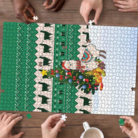 Llama Decorating Tree in Santa Hat Puzzle with Green Gift Pattern Design - Wonder Print Shop