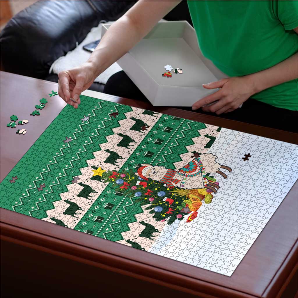 Llama Decorating Tree in Santa Hat Puzzle with Green Gift Pattern Design - Wonder Print Shop