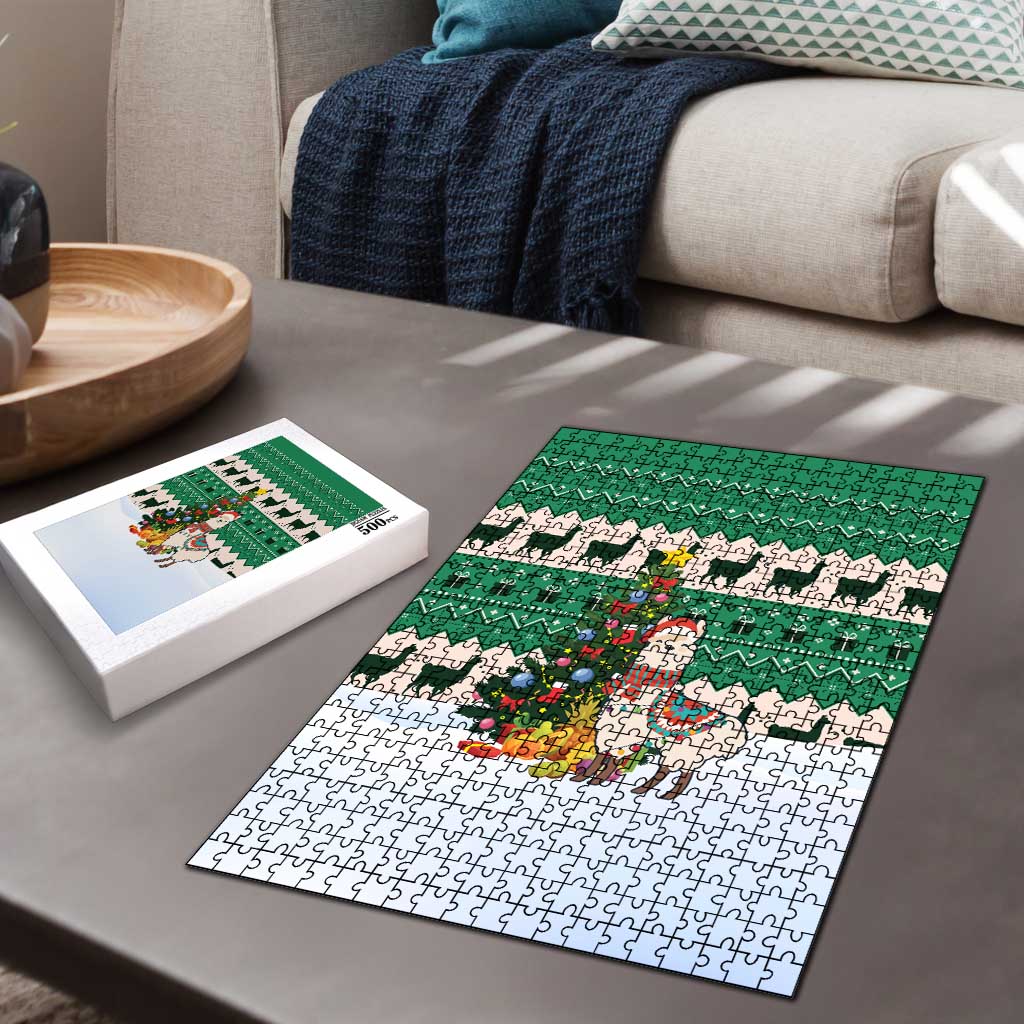 Llama Decorating Tree in Santa Hat Puzzle with Green Gift Pattern Design - Wonder Print Shop