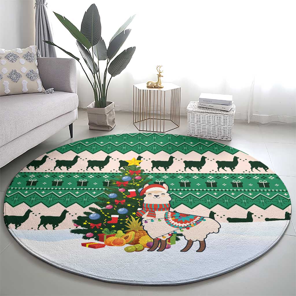 Llama Decorating Tree in Santa Hat Round Carpet with Green Gift Pattern Design - Wonder Print Shop