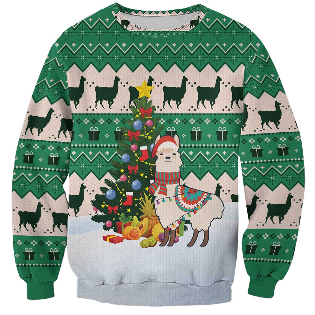 Llama Decorating Tree in Santa Hat Sweatshirt with Green Gift Pattern Design - Wonder Print Shop
