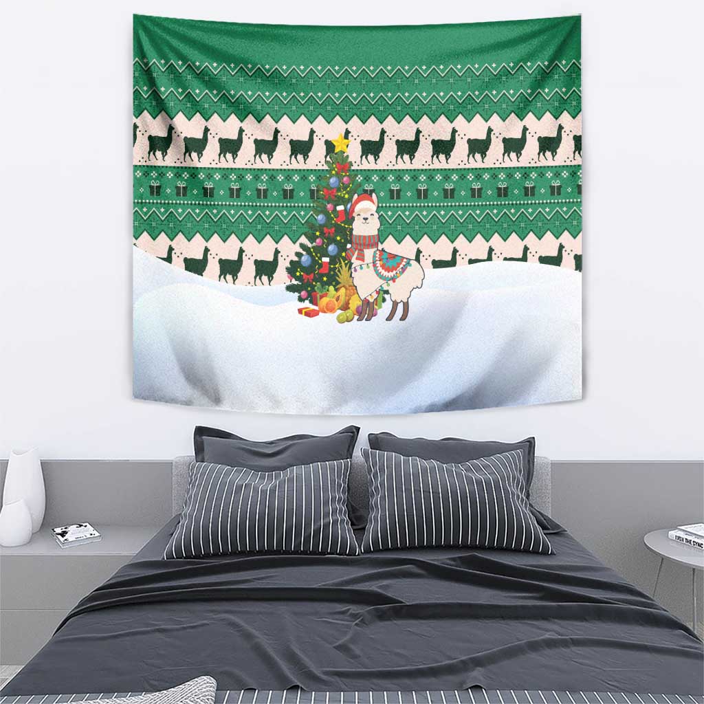 Llama Decorating Tree in Santa Hat Tapestry with Green Gift Pattern Design - Wonder Print Shop