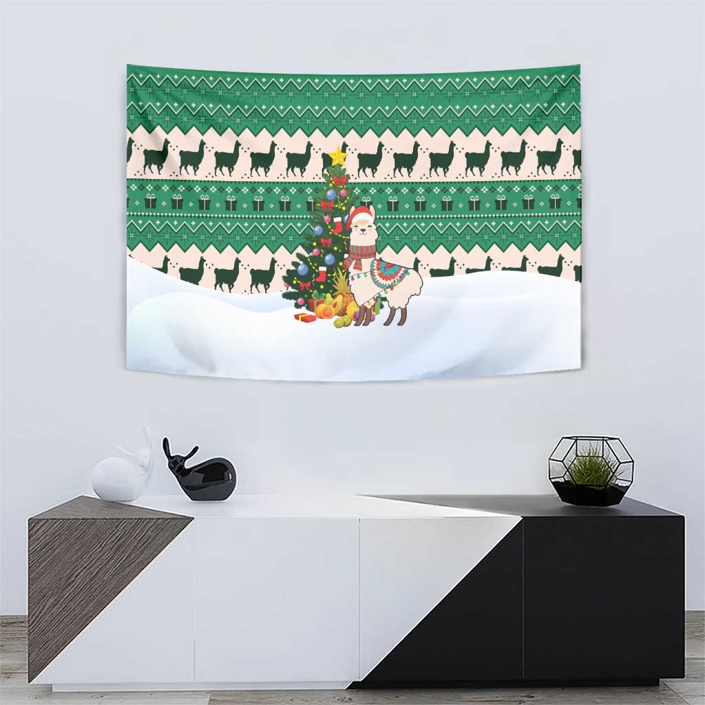 Llama Decorating Tree in Santa Hat Tapestry with Green Gift Pattern Design - Wonder Print Shop