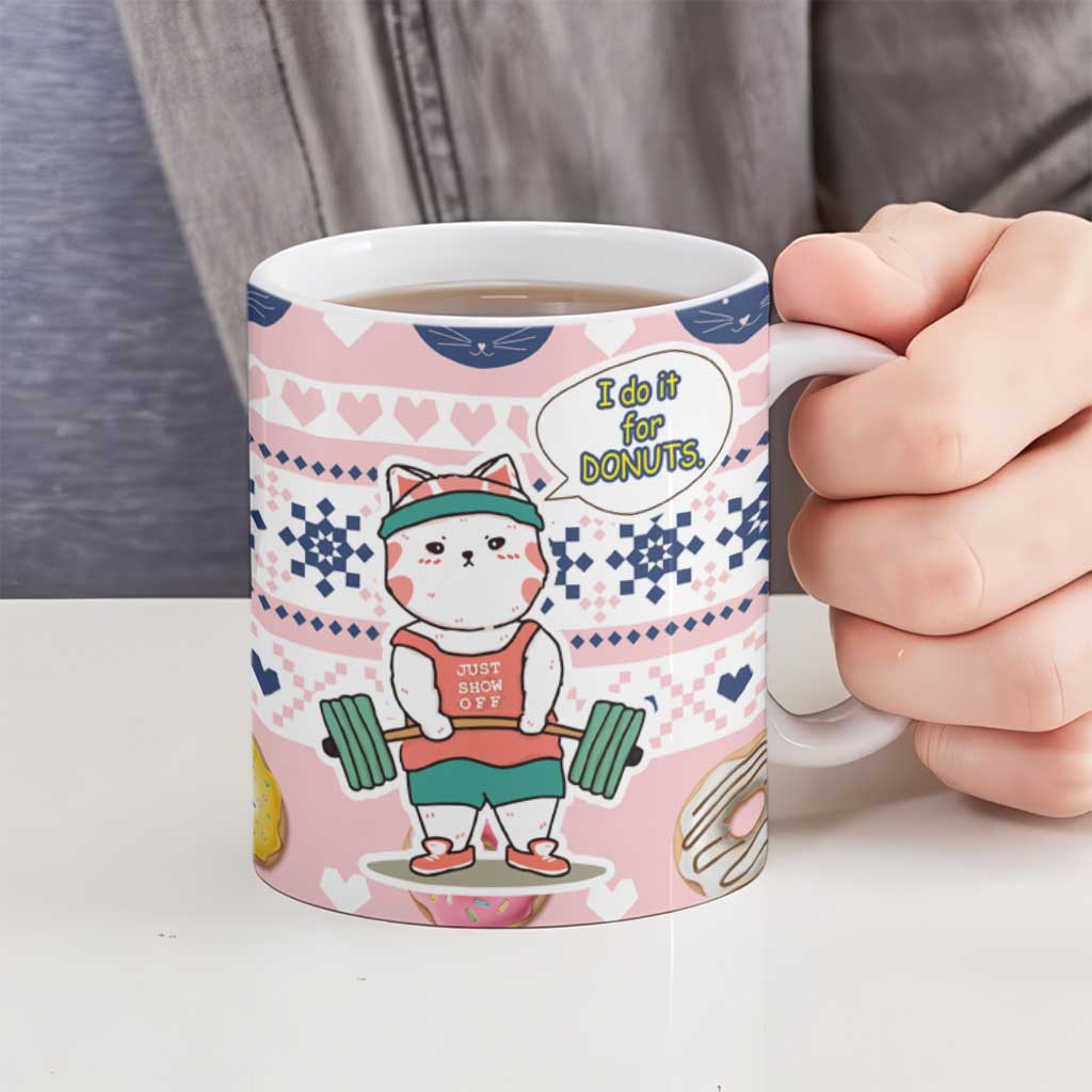 Cat I Do It For Donuts Christmas Ceramic Mug Xmas Holiday Patterns - Wonder Print Shop