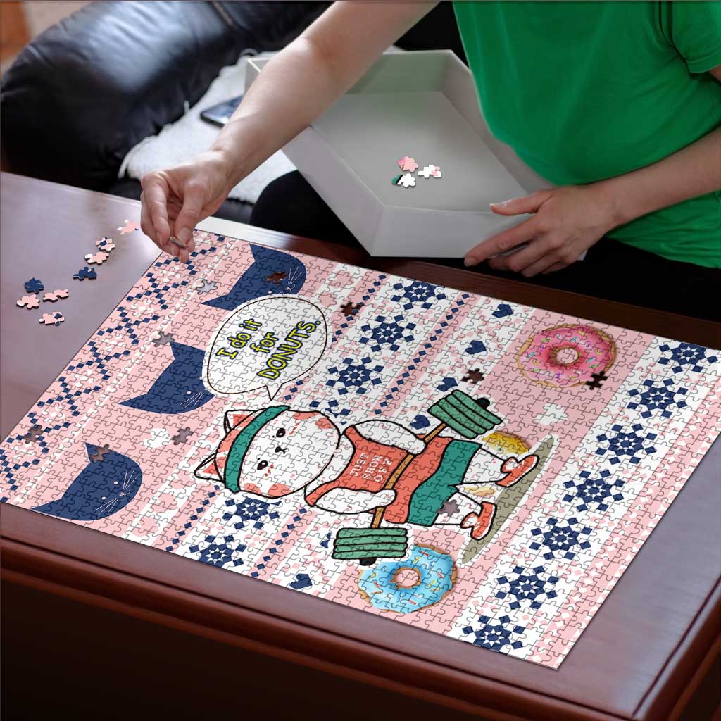 Cat I Do It For Donuts Christmas Puzzle Xmas Holiday Patterns - Wonder Print Shop