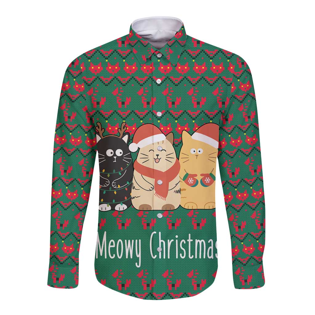 Cat Meowy Christmas Long Sleeve Button Shirt Xmas Holiday Patterns - Wonder Print Shop