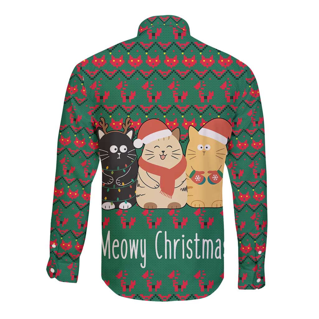 Cat Meowy Christmas Long Sleeve Button Shirt Xmas Holiday Patterns - Wonder Print Shop