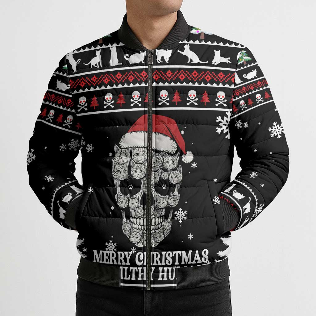 Cat Skull Santa Christmas Bomber Puffer Jacket Xmas Holiday Patterns - Wonder Print Shop